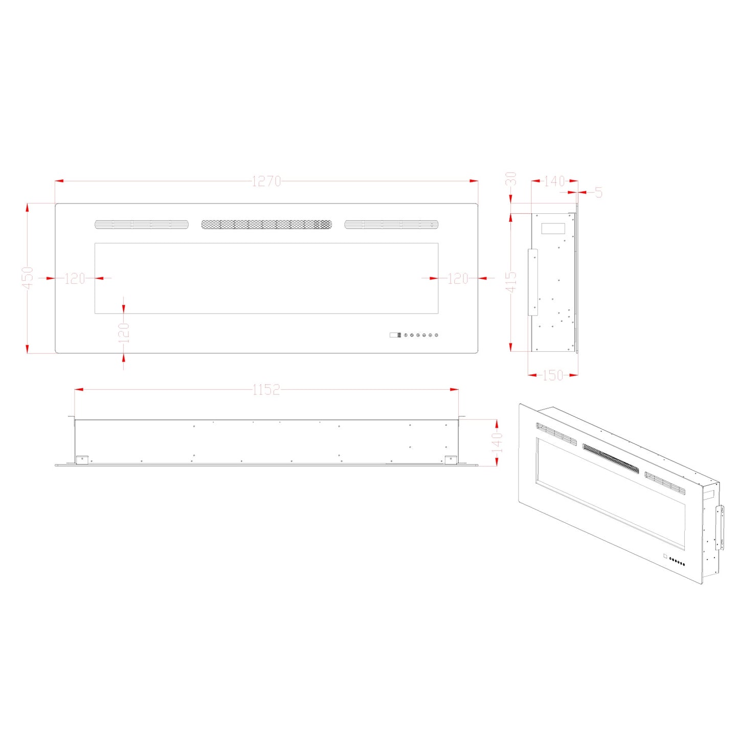 Titanite 127 cm - Built-in Fireplace