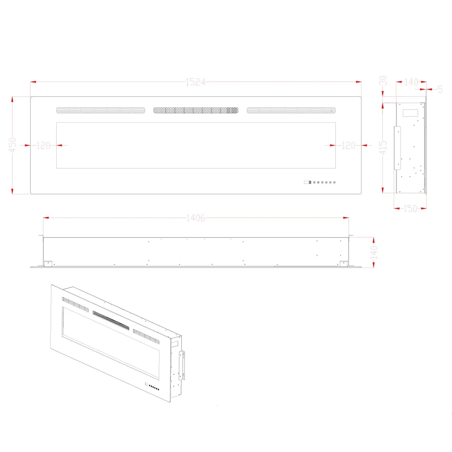 Titanite 152 cm - Built-in Fireplace Insert - Pure Flames
